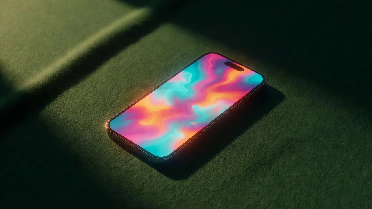 Pametni telefon na zelenom suknu s apstraktnim sjajem na ekranu