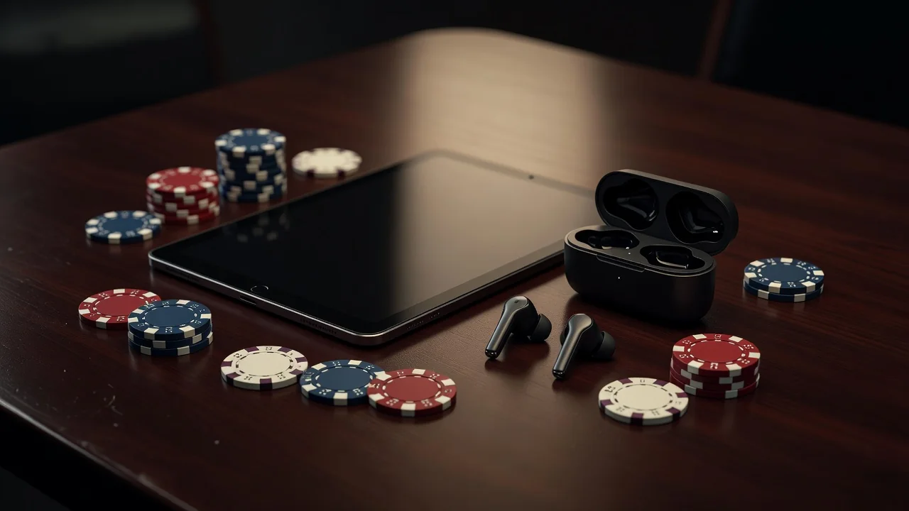 Tablet i bežične slušalice na tamnom stolu uz žetone