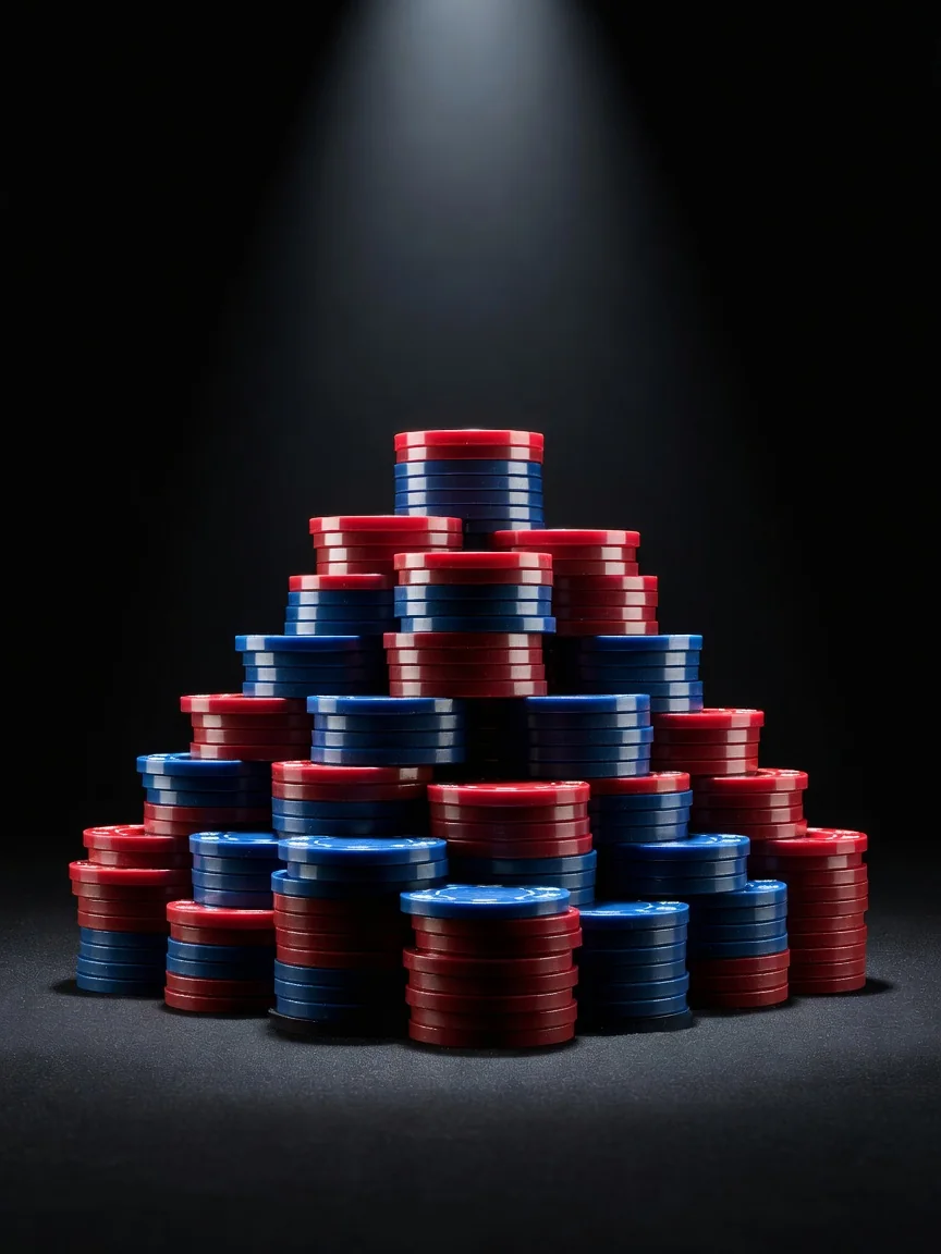 Visoka piramida crvenih i plavih poker žetona pod reflektorom
