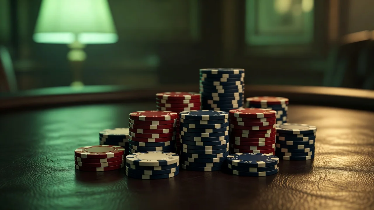 Poker žetoni na tamnoj koži sa zamućenim zelenim svjetlom lampe