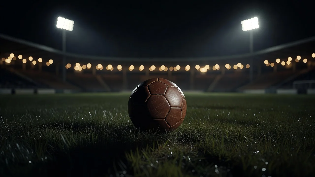 Klasična kožna nogometna lopta na tamnoj travi sa stadionskim svjetlima